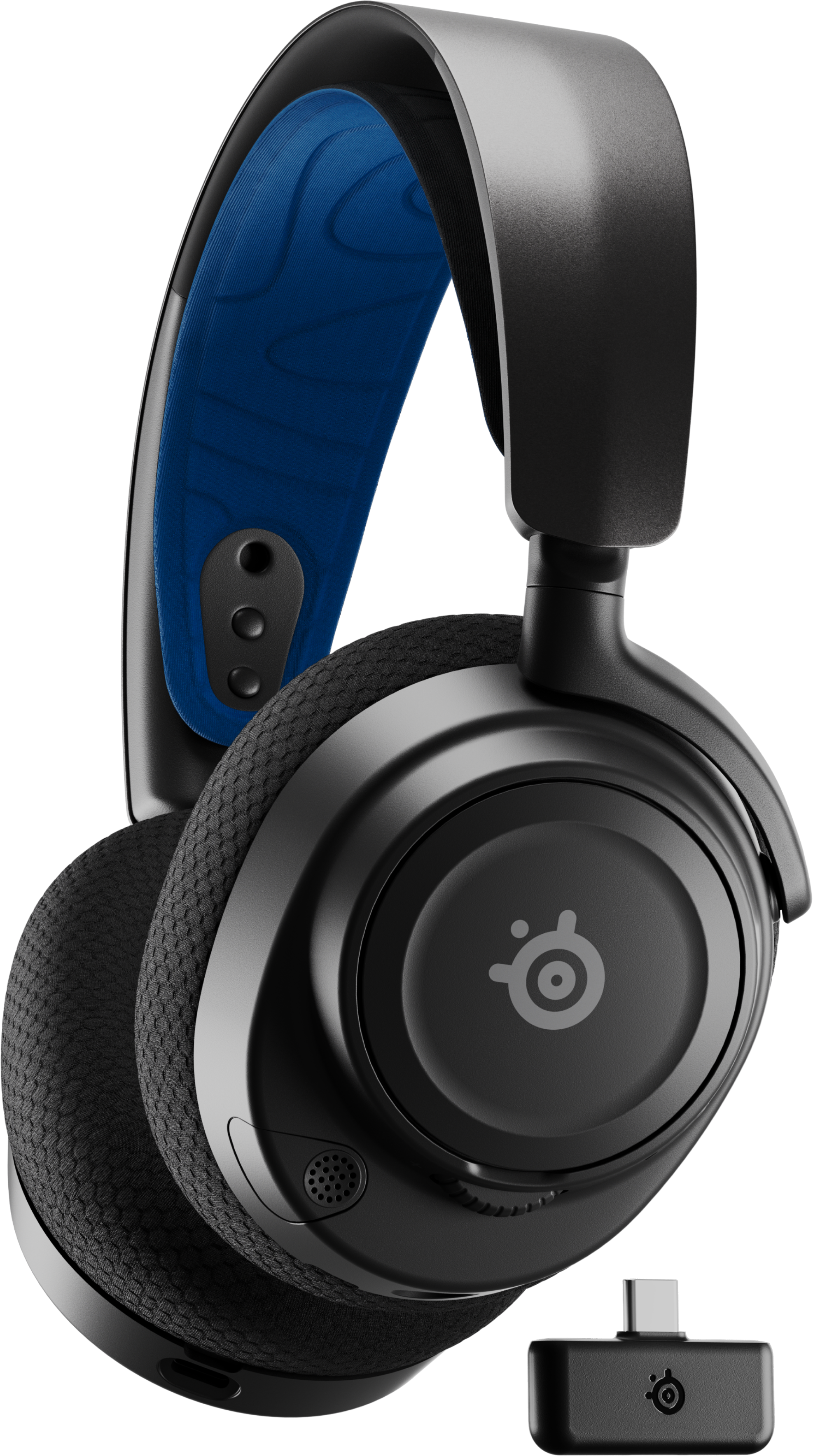 Casque SteelSeries noir et gris foncé avec bandeau bleu et dongle USB.