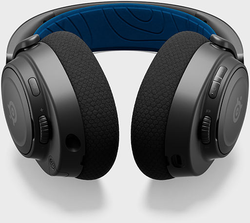 Casque noir avec écouteurs, bandeau bleu et détails argentés. Fond blanc.