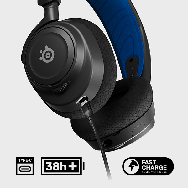 Casque noir avec câble de charge. Batterie 38h+ et charge rapide.