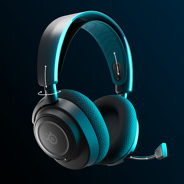 Casque noir et sarcelle, avec flèches de réglage, sur un dégradé bleu foncé.