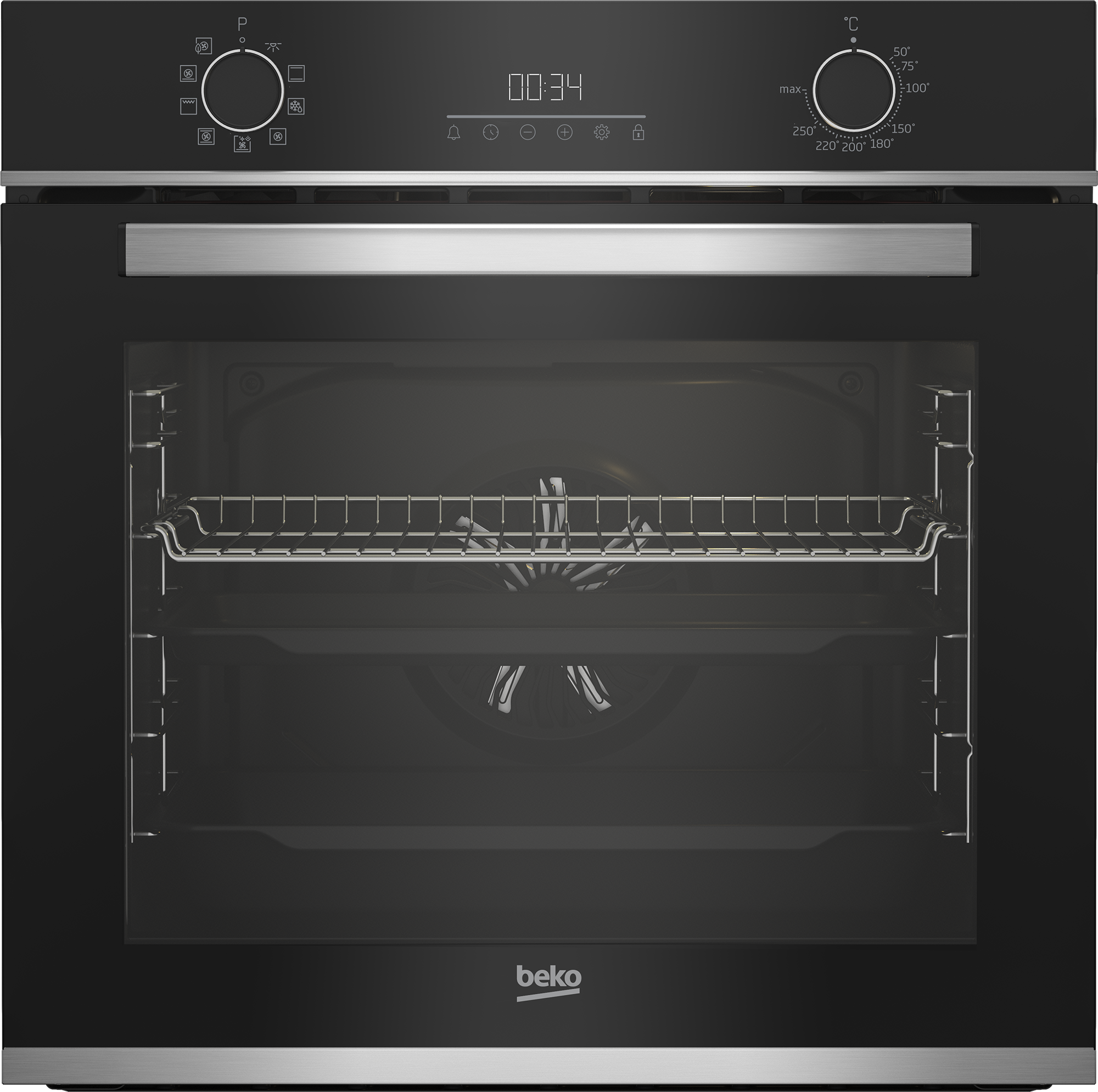 Un four Beko noir avec une poignée de barre en acier inoxydable.