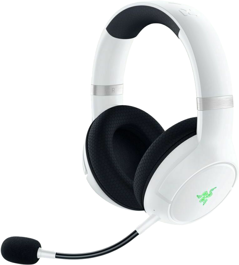 Fehér Razer gaming fejhallgató fekete mikrofonnal, zöld logóval.