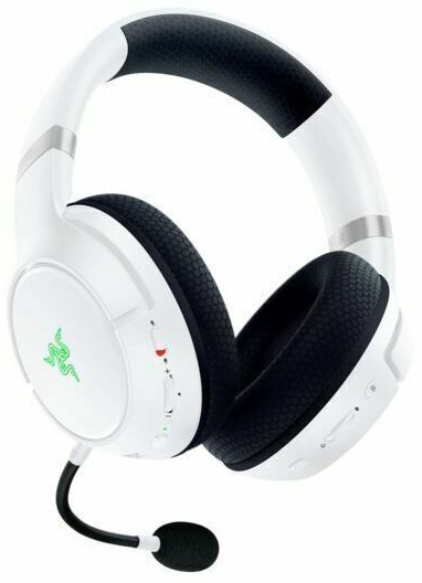 Fehér gaming fejhallgató. A headset mikrofonnal és hangerőszabályzókkal rendelkezik. Fekete fülkagylók.