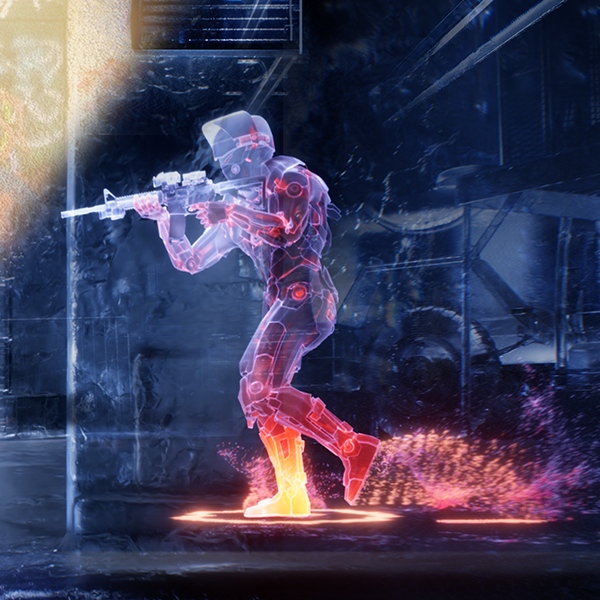 Illustration numérique d'un soldat dans un cadre futuriste.