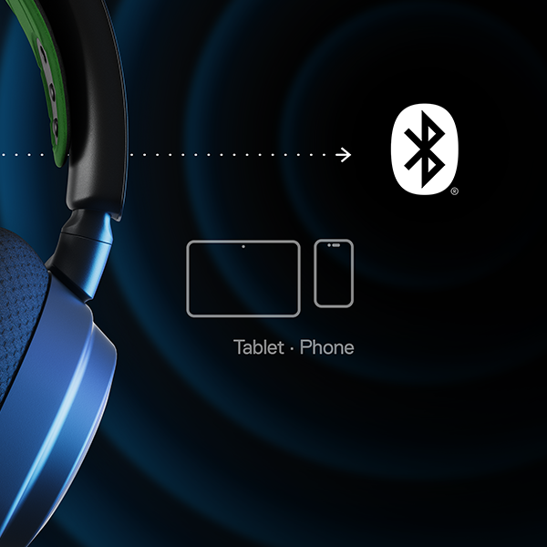 Casque avec un design vert et bleu et un symbole Bluetooth, avec tablette et téléphone.