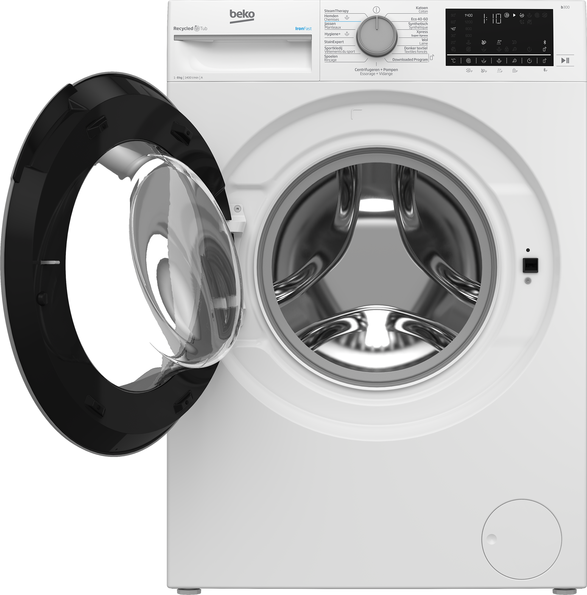 Witte wasmachine met open zwarte deur, vooraanzicht. Bediening en interieur zijn zichtbaar.