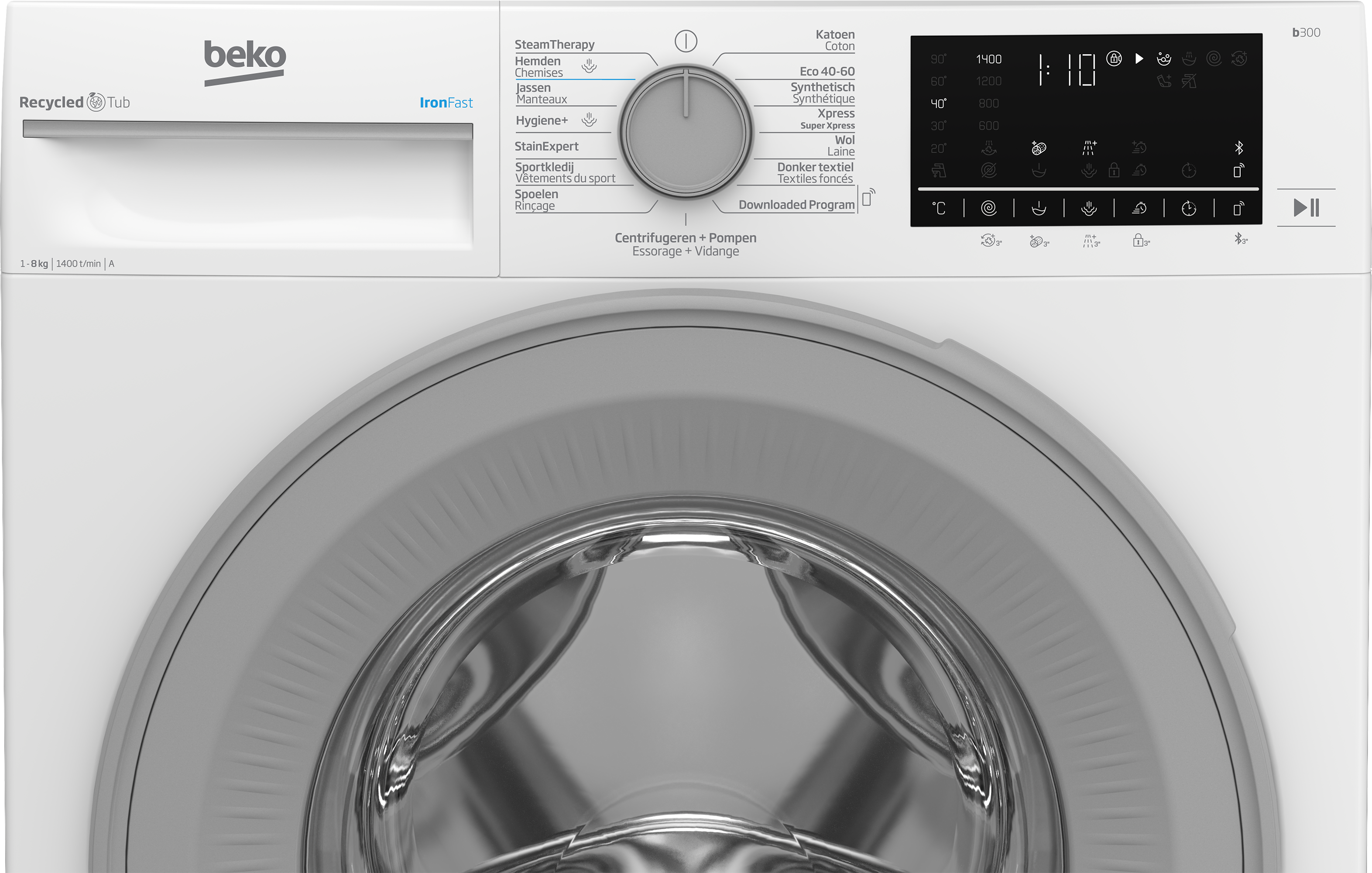 Witte Beko wasmachine met een bedieningspaneel en een ronde deur, met de tekst 'recycled tub'.