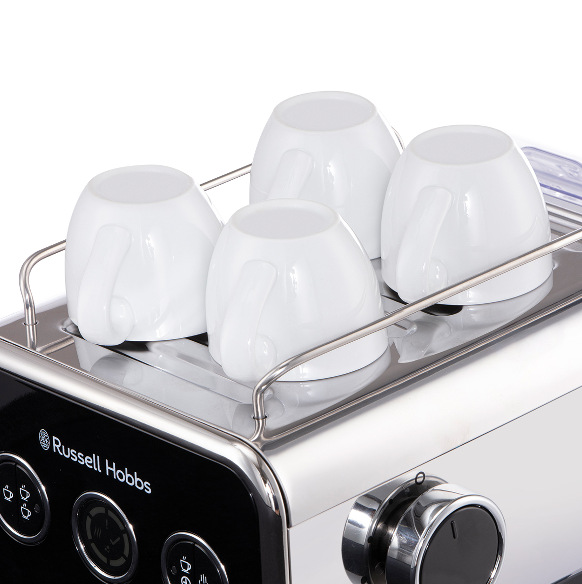 Esspresszó gép fehér csészékkel a tetején, króm felülettel és Russell Hobbs logóval.
