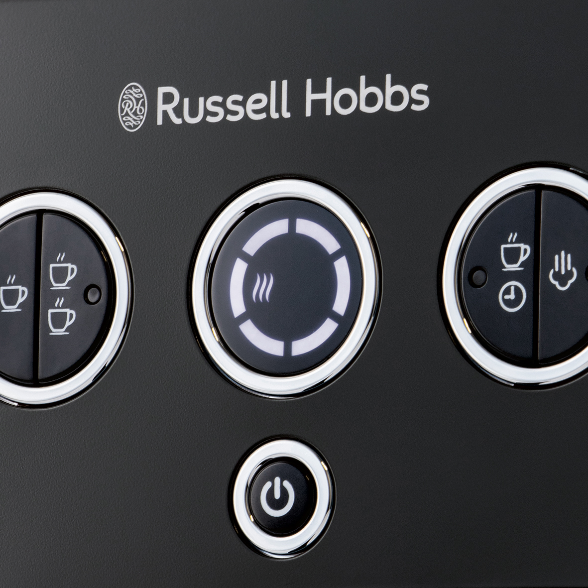 Egy fekete készülék vezérlőpaneljának közeli képe, érintőgombokkal és a Russell Hobbs logóval.