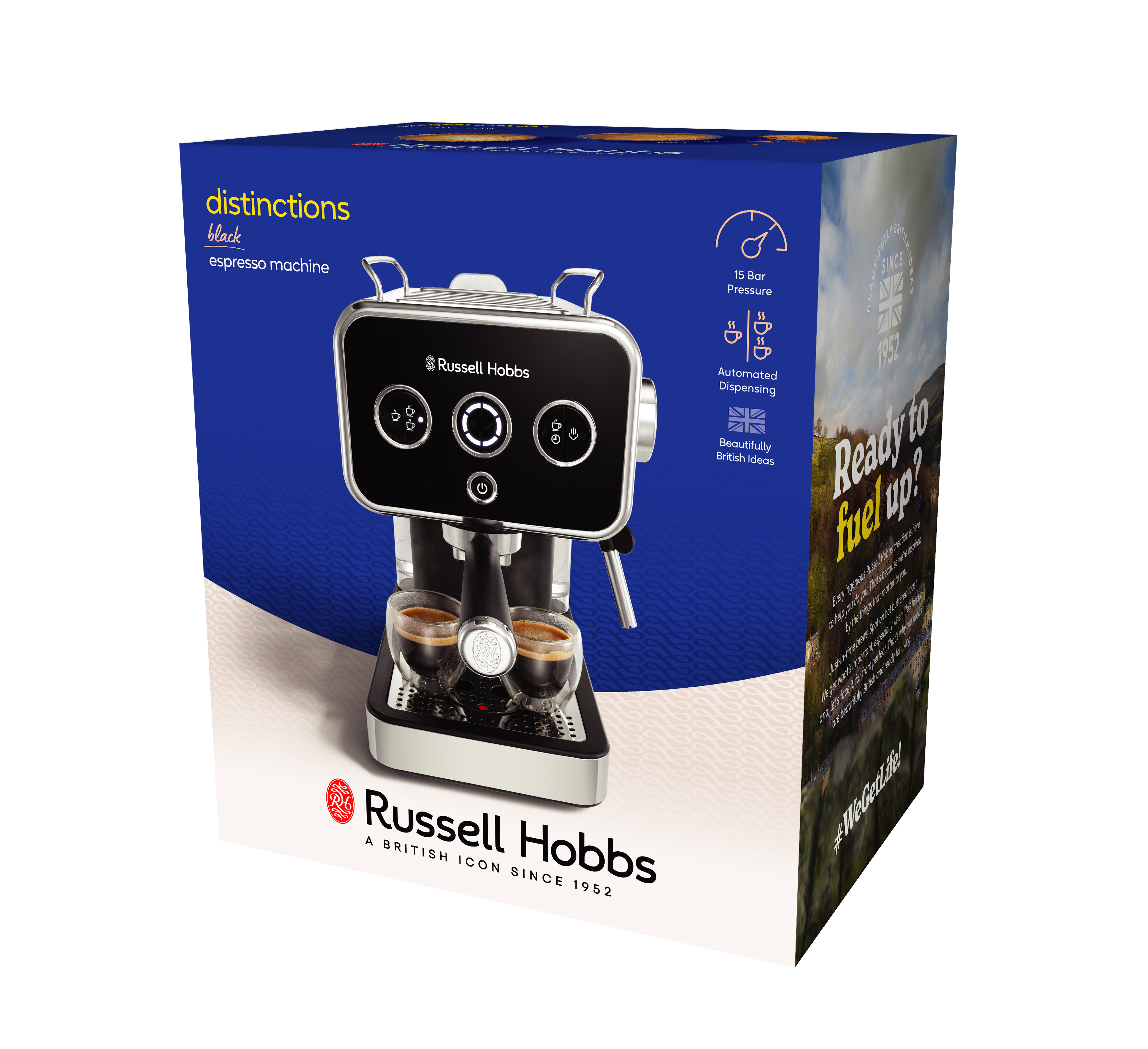 Espresszó gép dobozban, fekete ezüst díszítéssel, Russell Hobbs márka.
