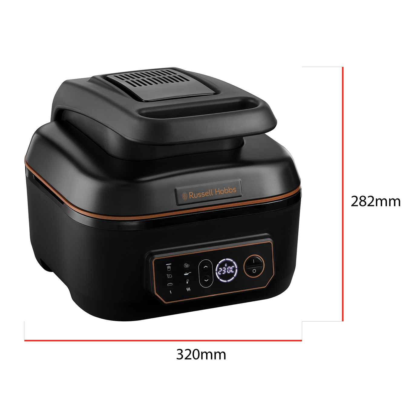 Fekete-bronz Russell Hobbs multi-főző, méretekkel.
