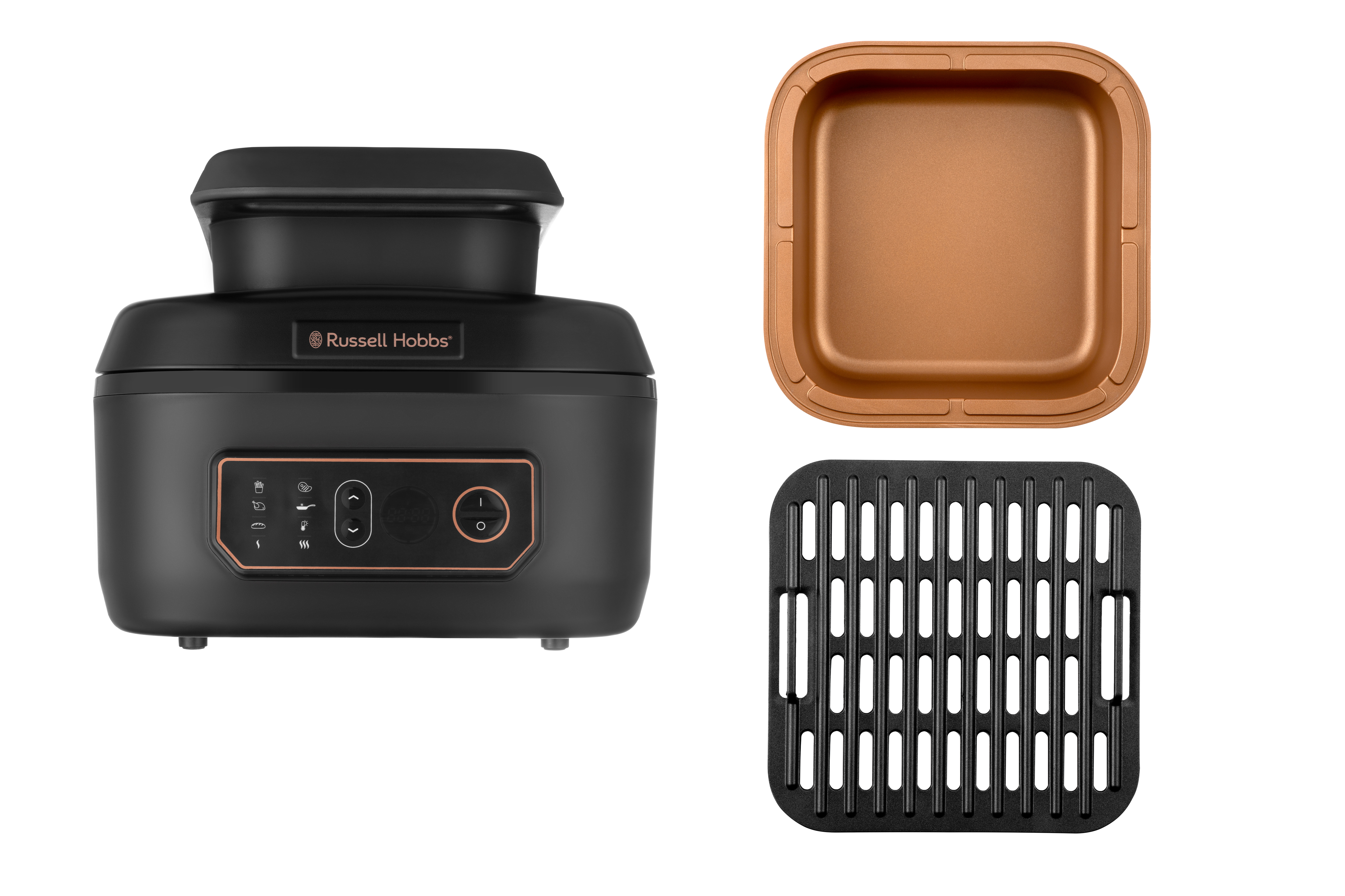 Fekete Russell Hobbs készülék rézszínű kiegészítőkkel és kivehető grillfelülettel.