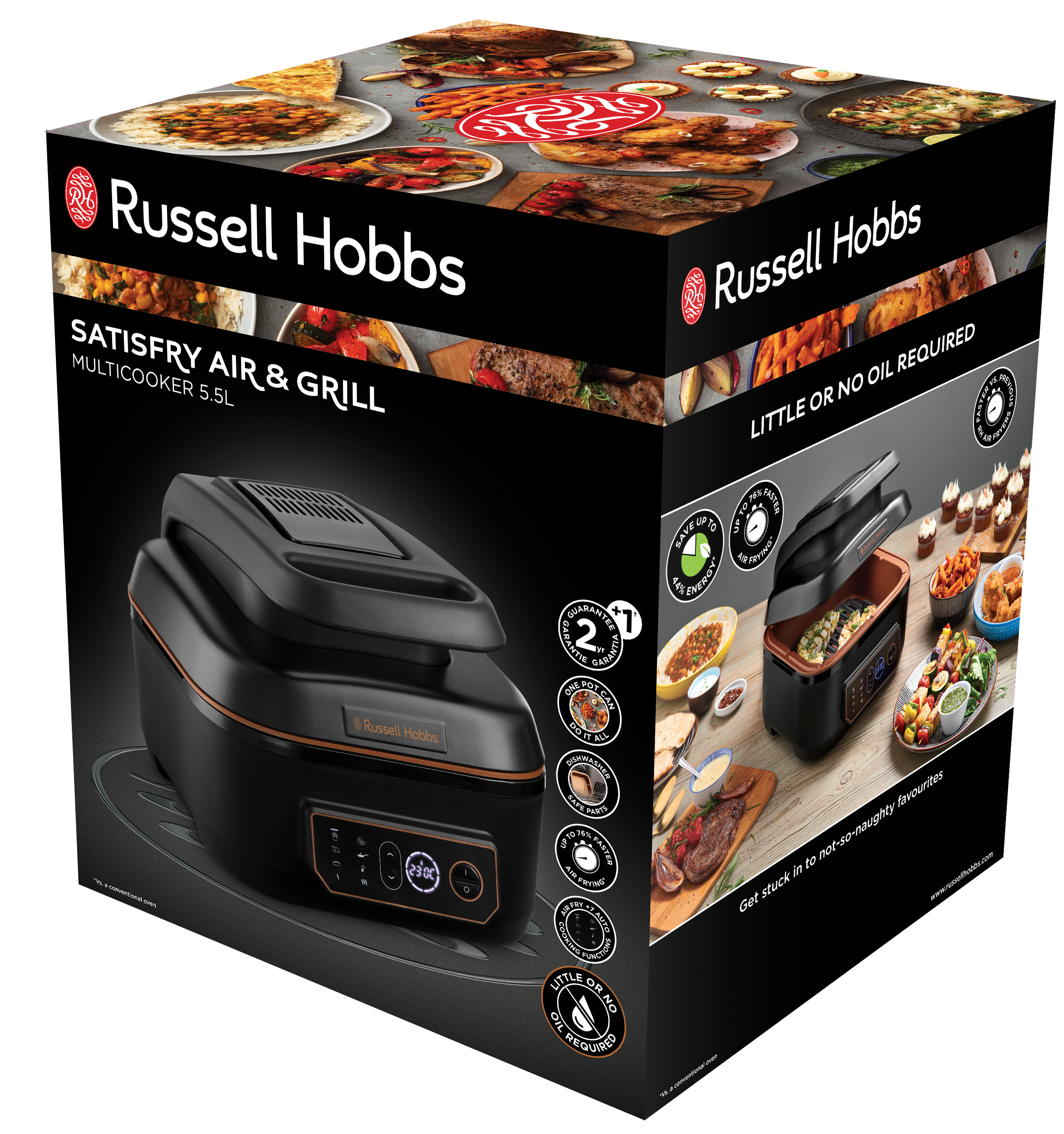 Dobozos légkeveréses fritőz. A terméket és a kész étel képeit mutatja. Russell Hobbs márka.