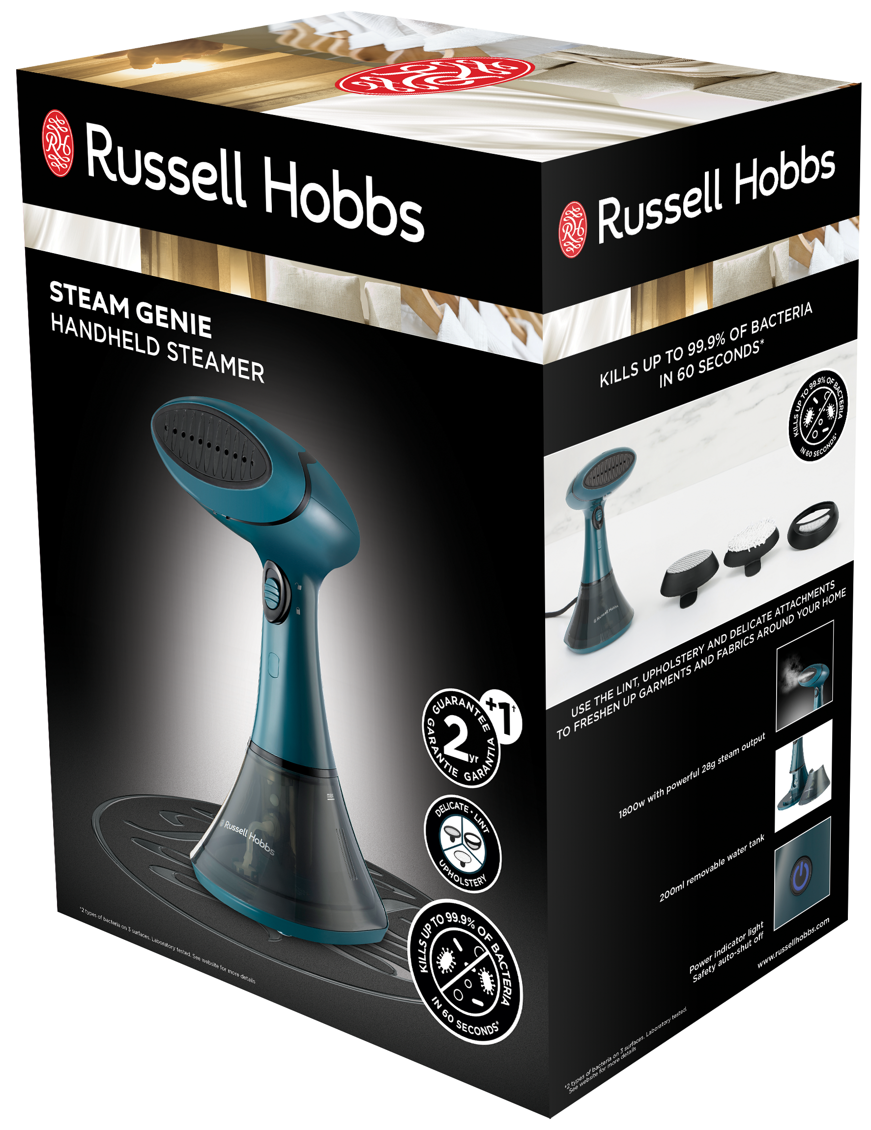 A Russell Hobbs Steam Genie kézi gőzölő doboza. A dobozon a gőzölő képe és a funkciók láthatók.