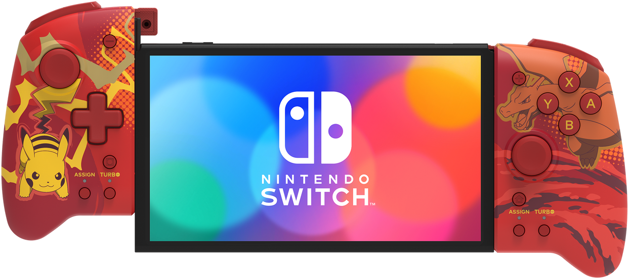 Nintendo Switch-Konsole mit roten und goldenen Controllern, Pikachu-Design.