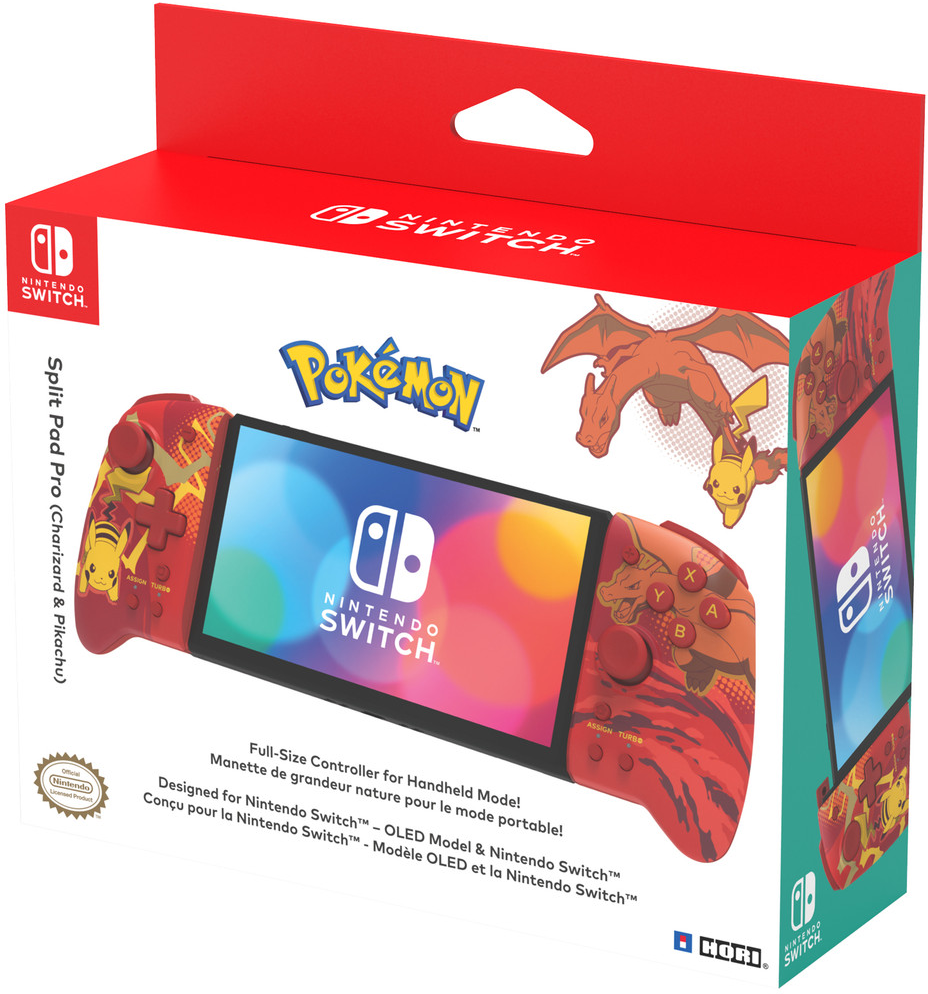 Nintendo Switch-Box mit Switch und Controllern. Charizard und Pikachu sind auf den Controllern.