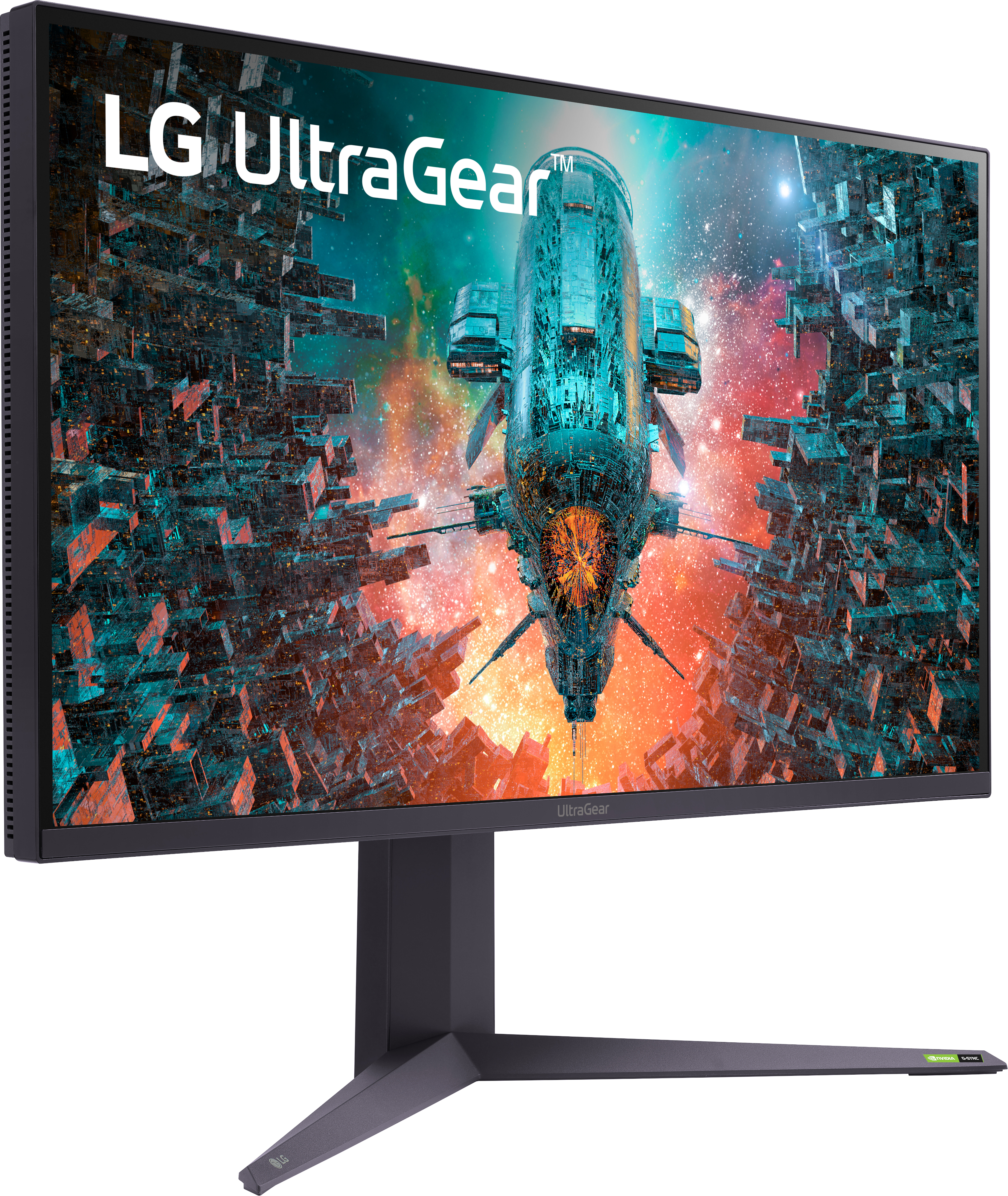 LG UltraGear Gaming-Monitor. Der Bildschirm zeigt eine futuristische Raumschiffszene. Schwarzer Ständer und Rahmen.