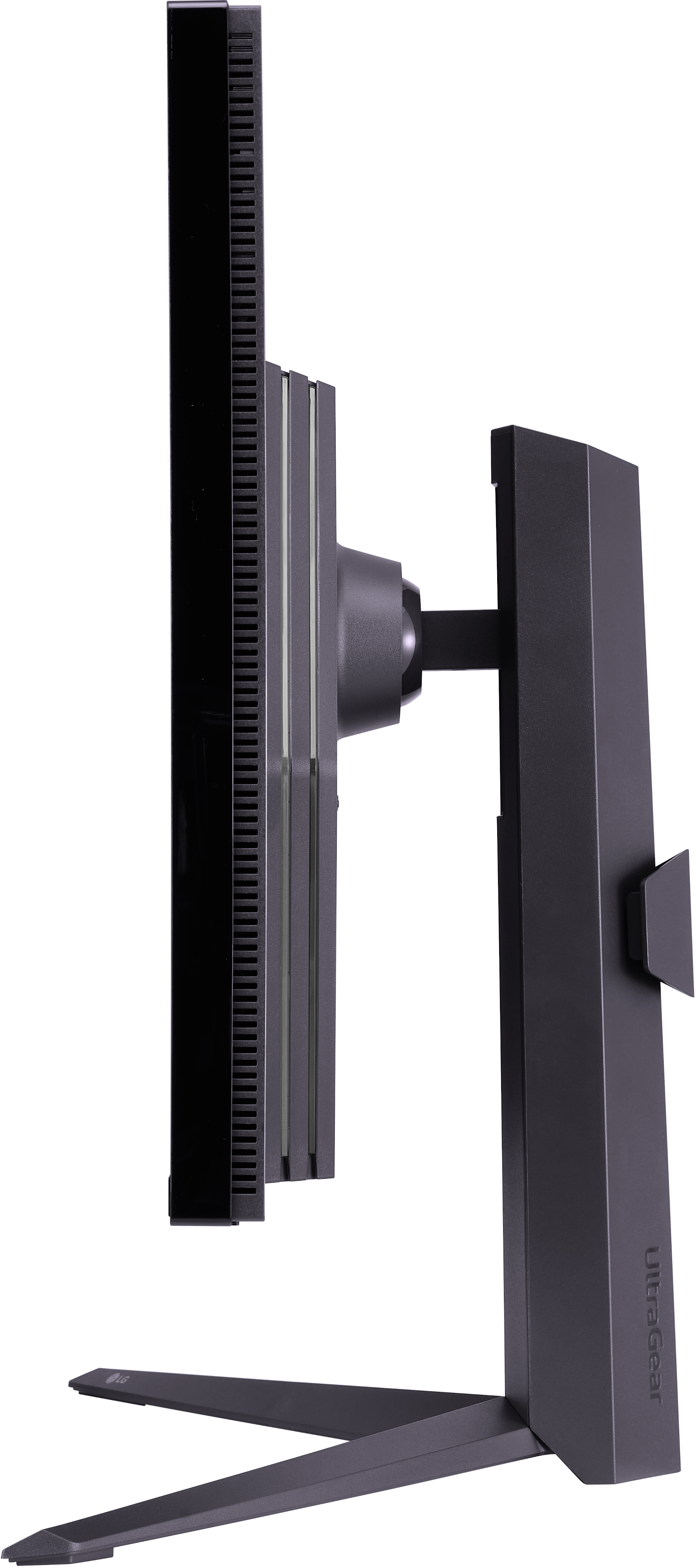 Eine Seitenansicht eines schwarzen Computermonitors mit Ständer.
