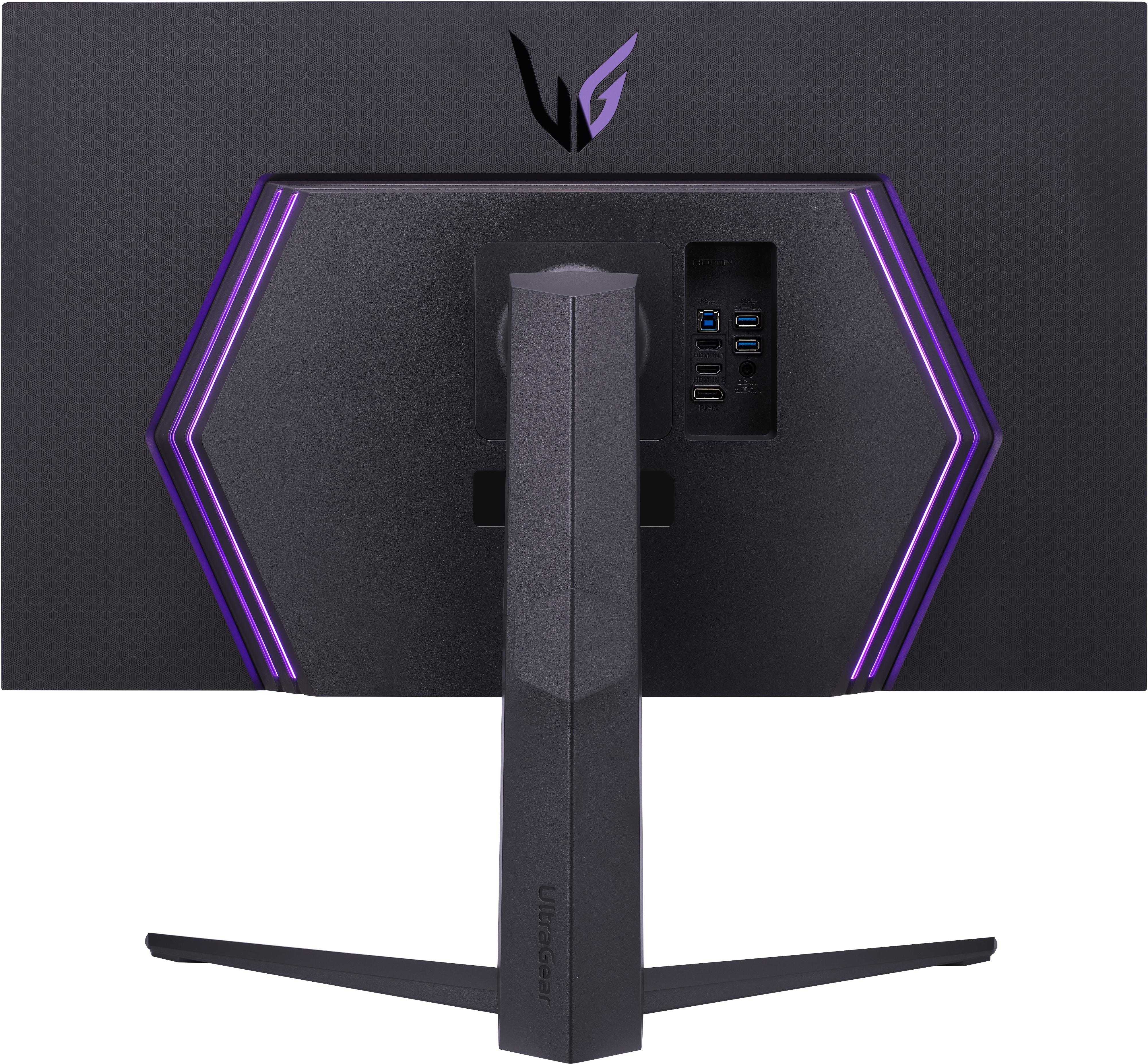 Rückseite eines schwarzen LG-Monitors mit lila Lichtern und sichtbaren Anschlüssen.