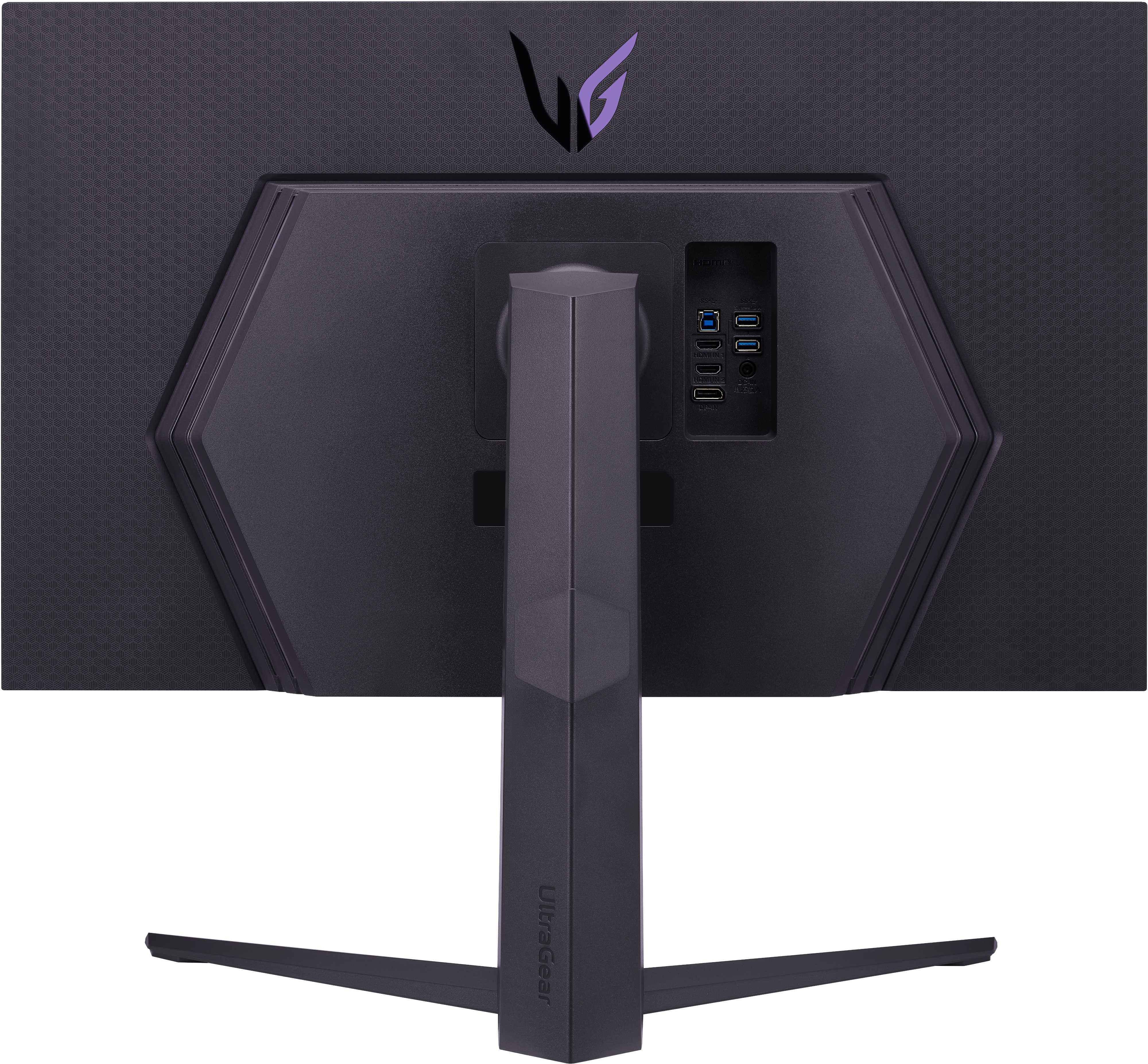 Die Rückseite eines schwarzen LG-Monitors, mit Ständer und Anschlüssen sichtbar.