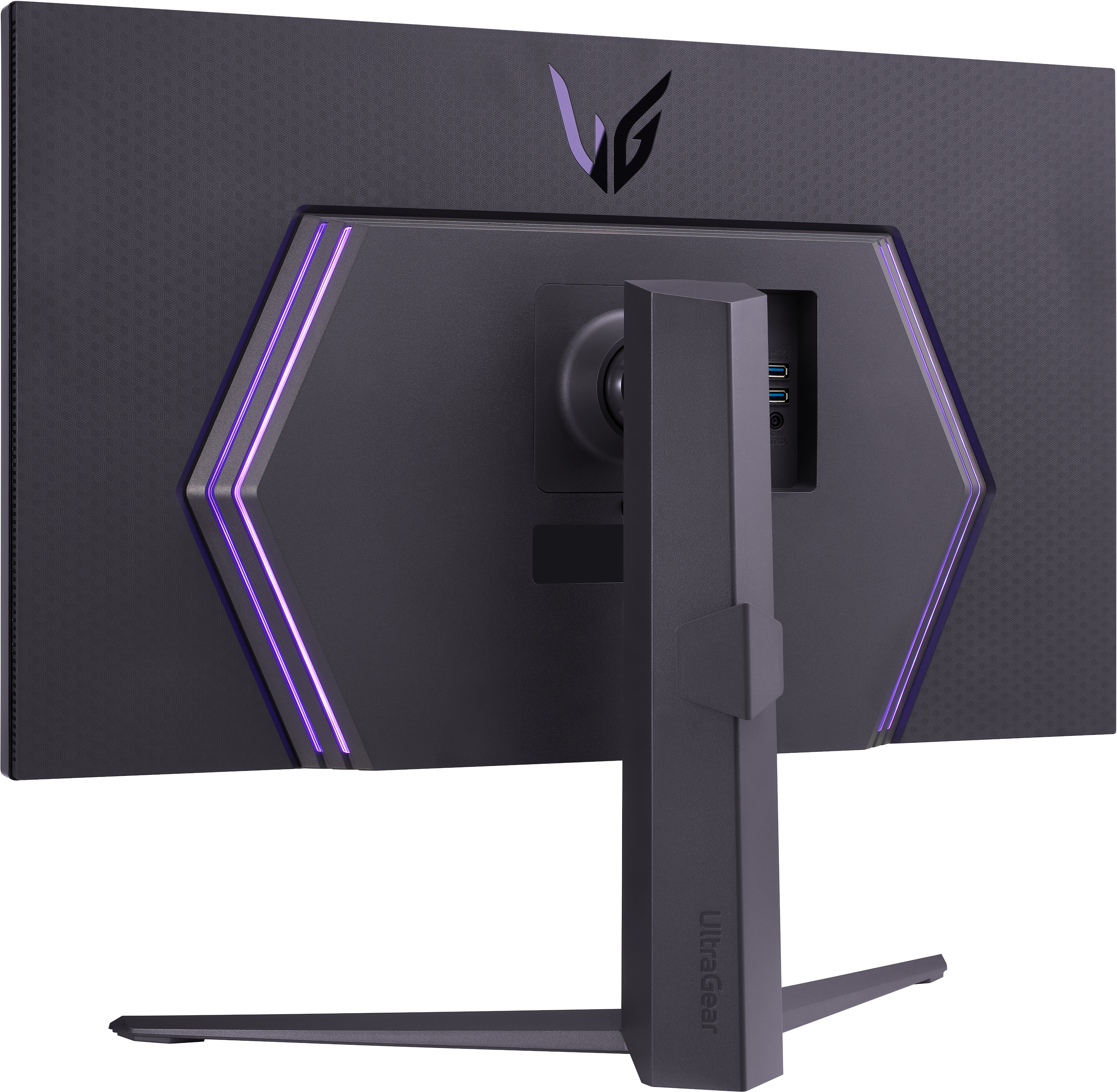 Rückansicht eines schwarz-grauen Monitors mit violetten Lichtern und Ultragear-Logo.
