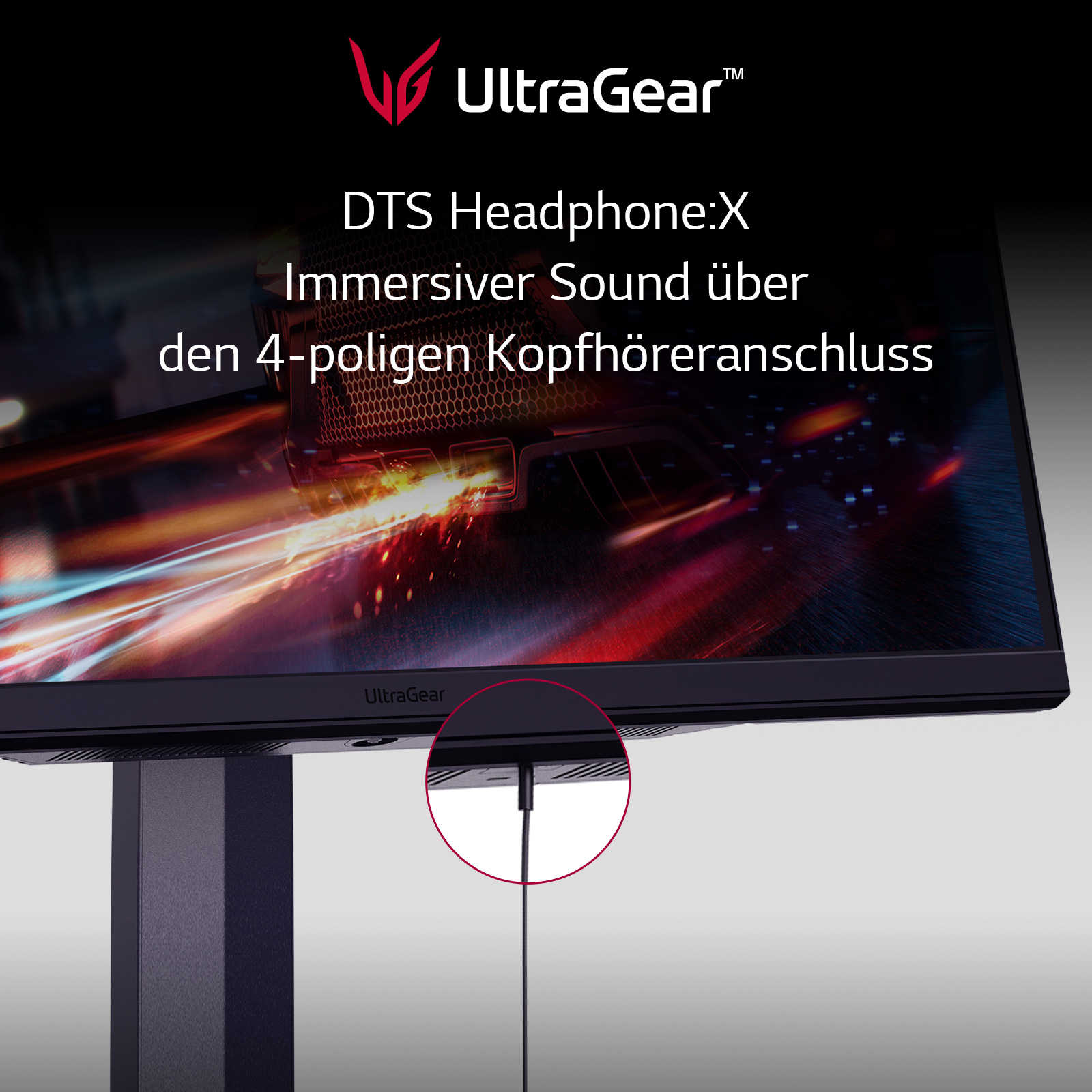 Ein LG UltraGear Monitor zeigt DTS Headphone:X und Sounddetails mit einem Kabel.