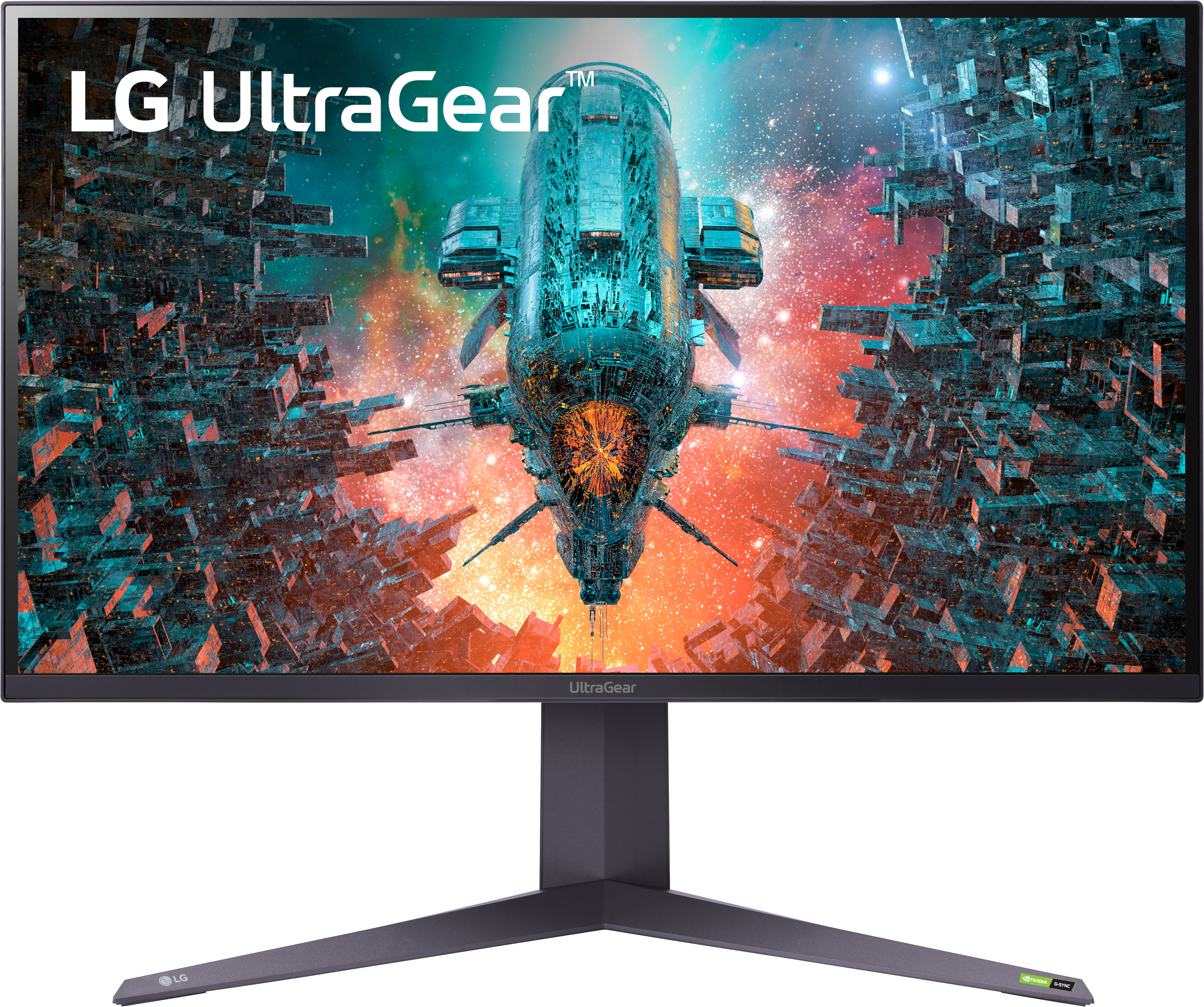 Ein LG UltraGear Gaming-Monitor mit einem Raumschiff auf dem Bildschirm.