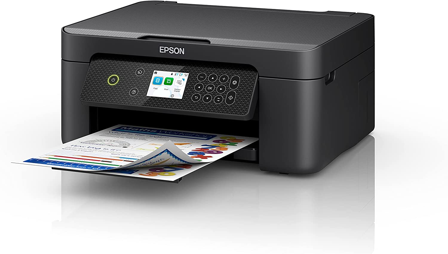 Una impresora Epson negra imprimiendo una hoja de trabajo con números.