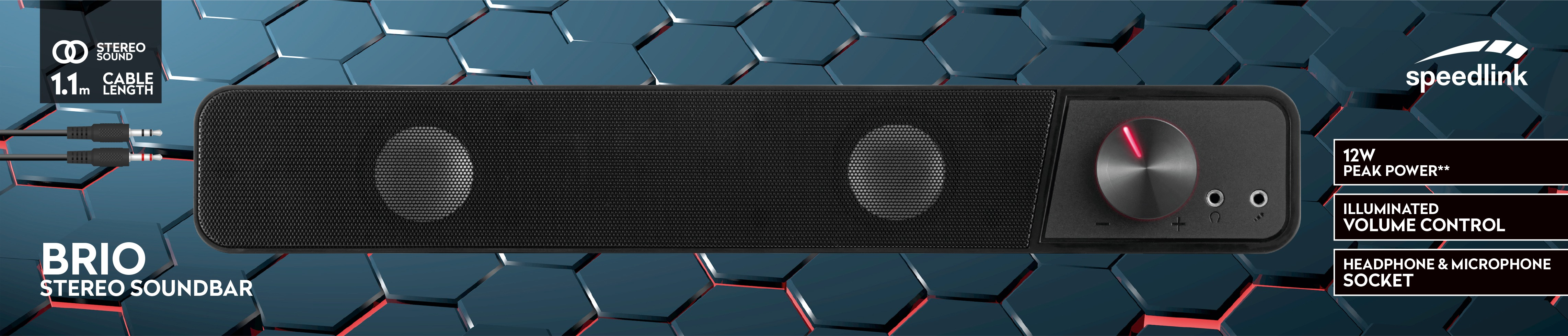 Eine schwarze und graue Brio-Soundbar mit roter beleuchteter Lautstärkeregelung und schwarzem Hintergrund.