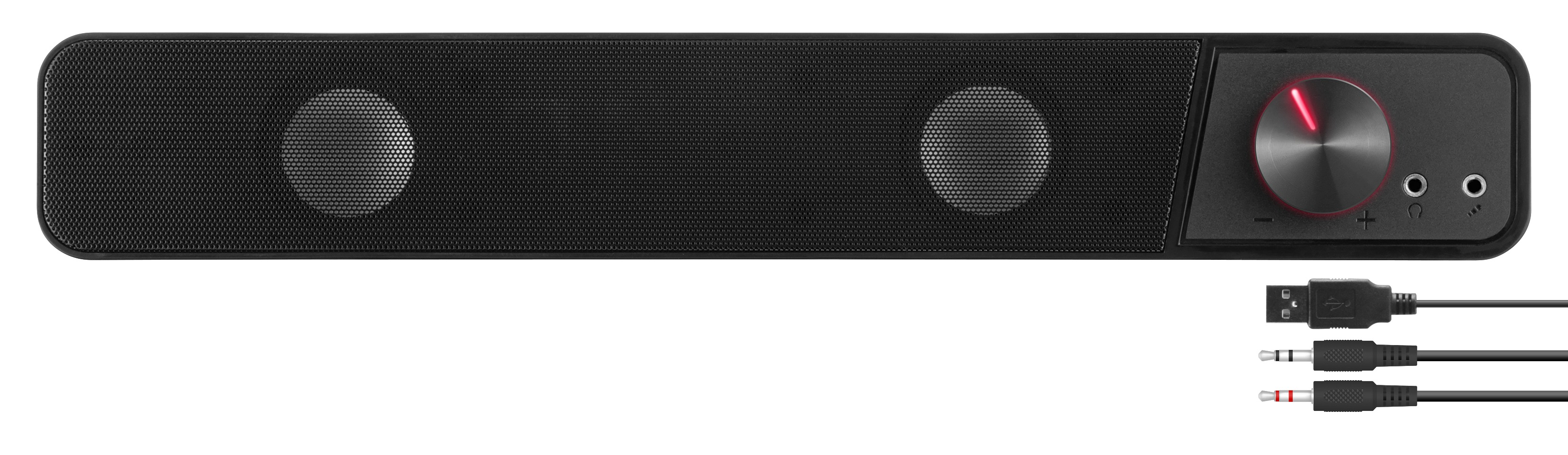 Schwarze Soundbar mit Bedienelementen und Kabeln. Zwei Lautsprecher vorne. USB- und Audiokabel.
