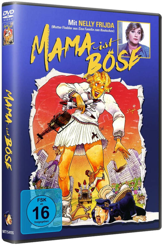 DVD-Hülle mit Cartoon-Kunst. Eine Frau hält eine Waffe, mit Stadtlandschaft im Hintergrund.