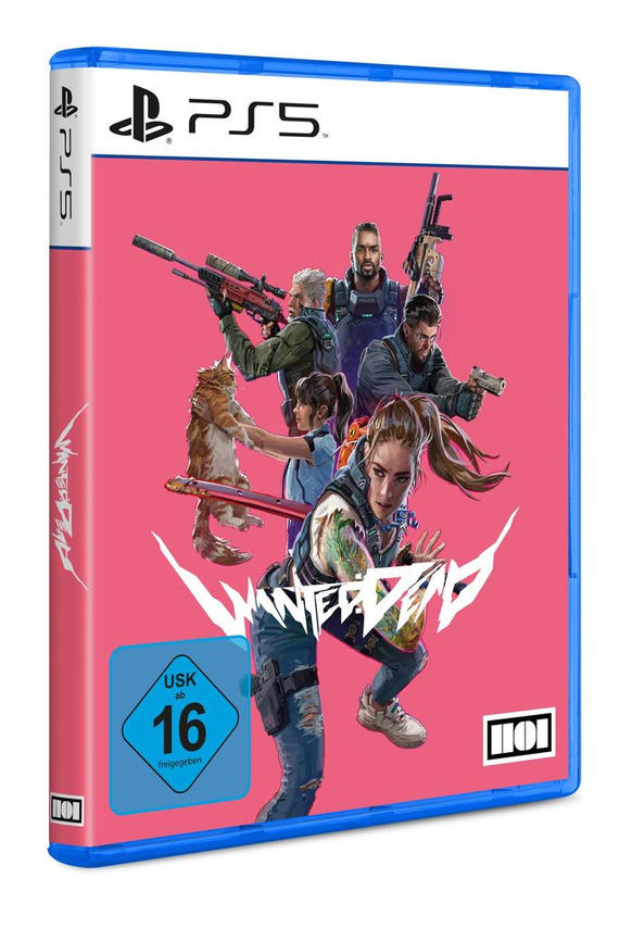 Spielbox für Wanted: Dead auf PS5, mit Spielfiguren auf pinkem Hintergrund.