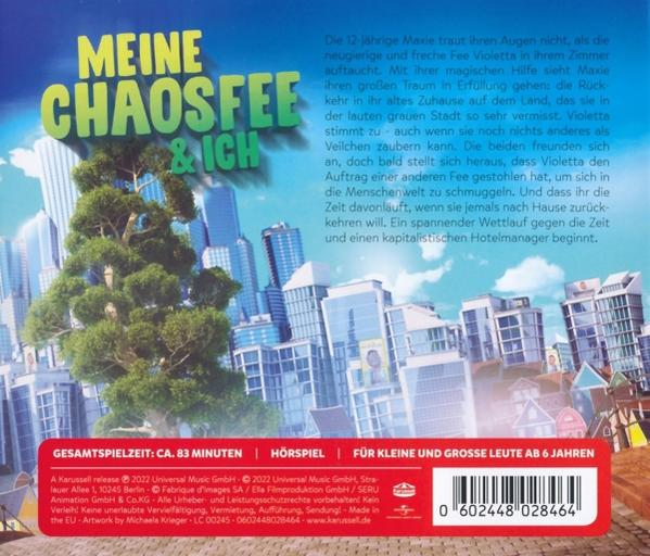 Buchcover mit dem Titel 'Meine Chaosfee & ich', Cartoon-Gebäuden und Text.