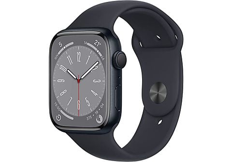 APPLE Watch Series 8 (2022), GPS, 45 mm, Caja de aluminio, Vidrio delantero Ion-X, Correa deportiva medianoche
