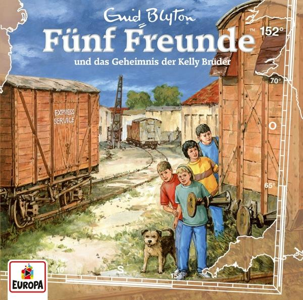 Buchcover mit fünf Kindern und einem Hund in der Nähe eines Zuges. Titel: Fünf Freunde und die Kelly Brüder.