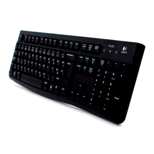 Siyah Logitech K120 klavye. Perspektif görünümü. Tuşlar, harfler ve sayılar görünür.