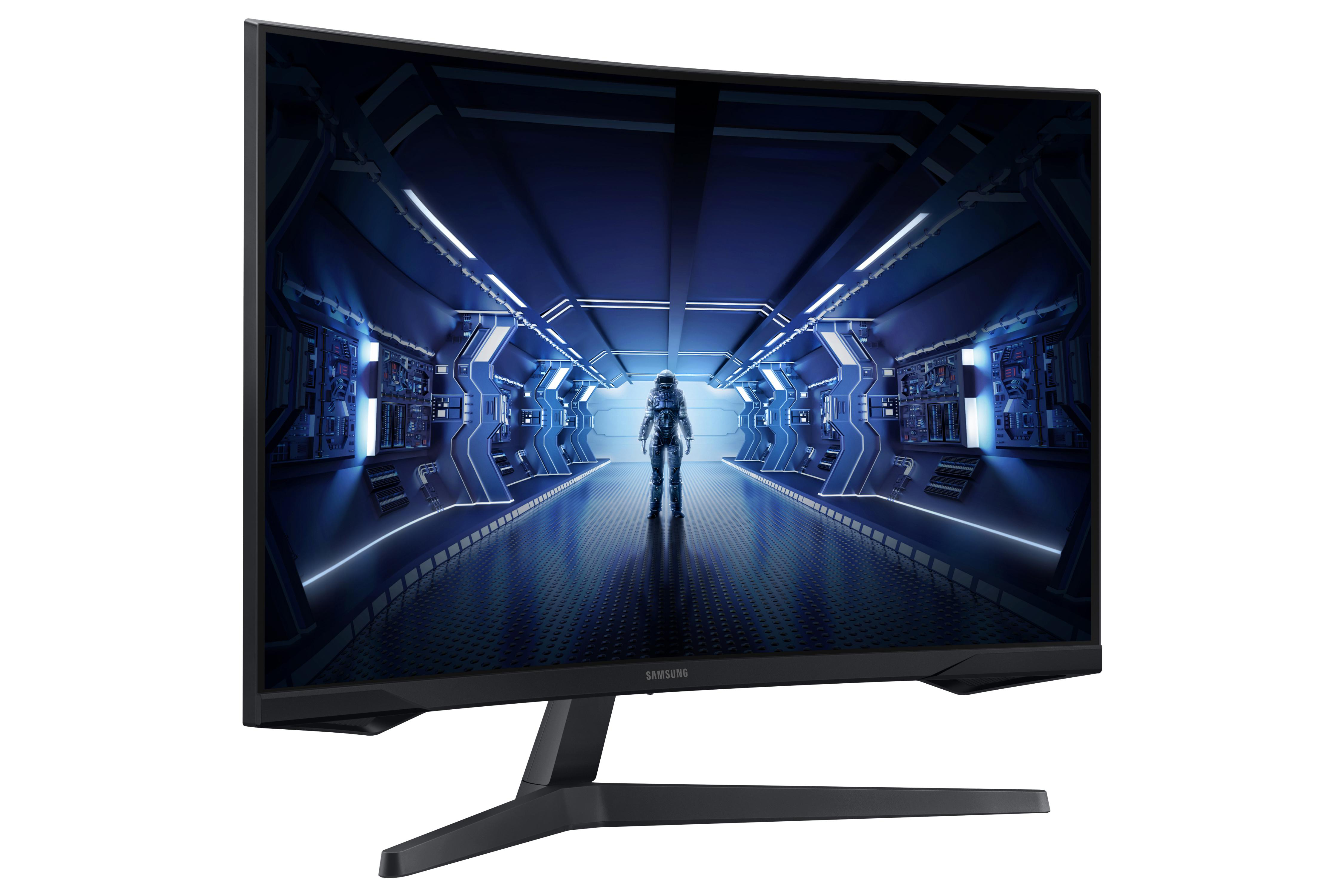 Ein gewölbter Monitor, der eine futuristische Szene mit einer Person im Raumanzug zeigt.