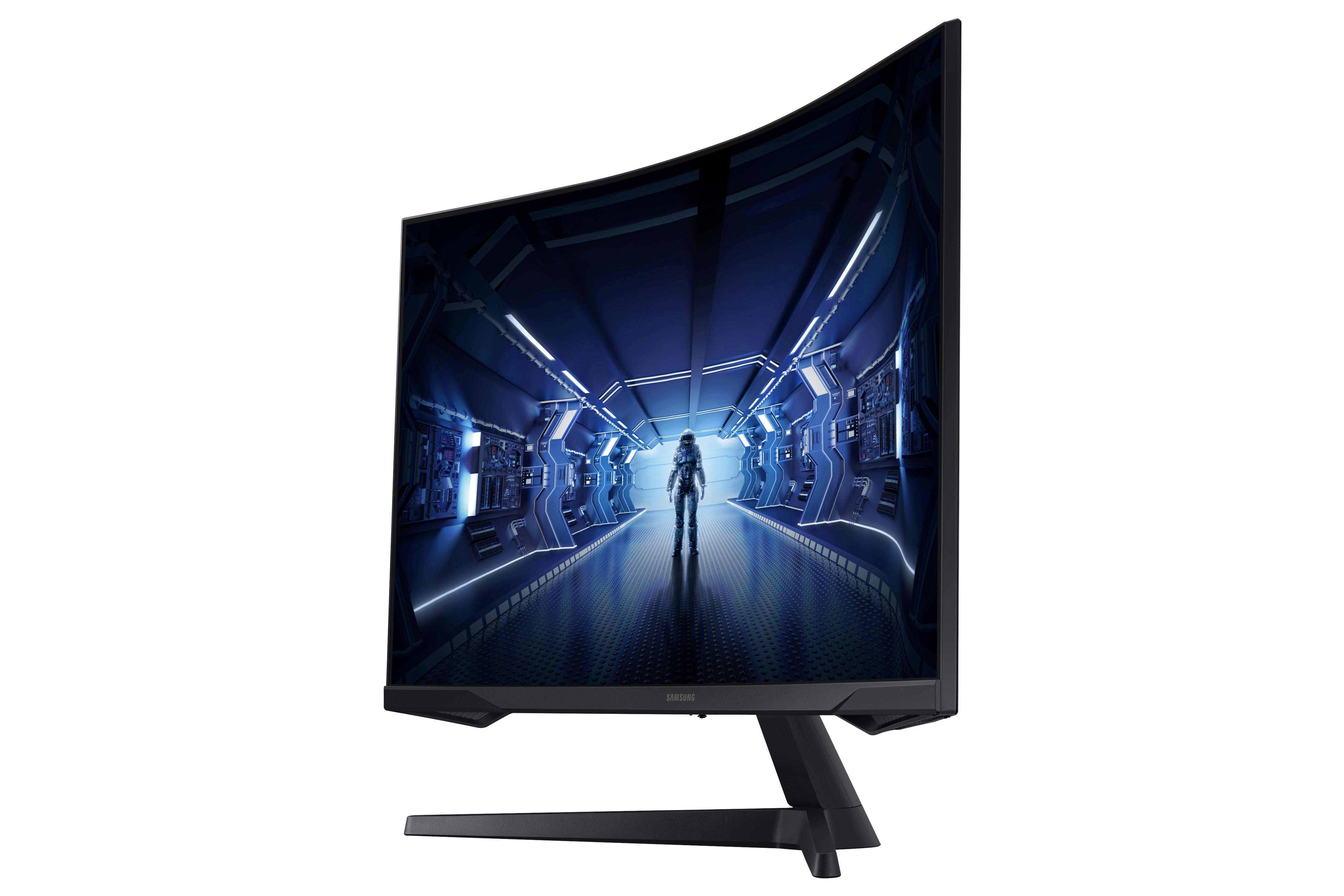 Gekrümmter Gaming-Monitor. Eine futuristische Szene wird auf dem Bildschirm angezeigt.