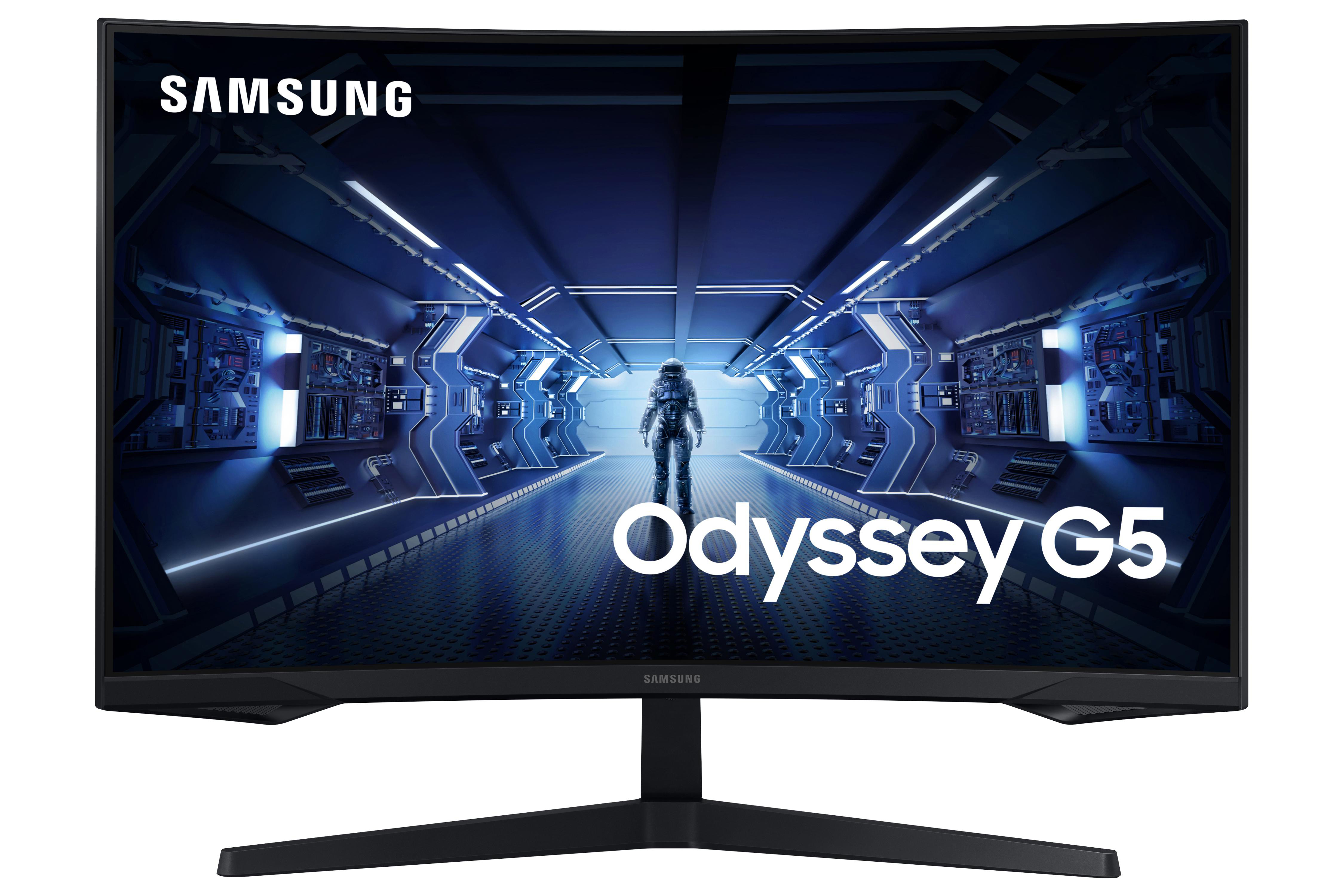 Gekrümmter Samsung Odyssey G5 Monitor. Zeigt eine futuristische Szene mit einer Figur im Zentrum.