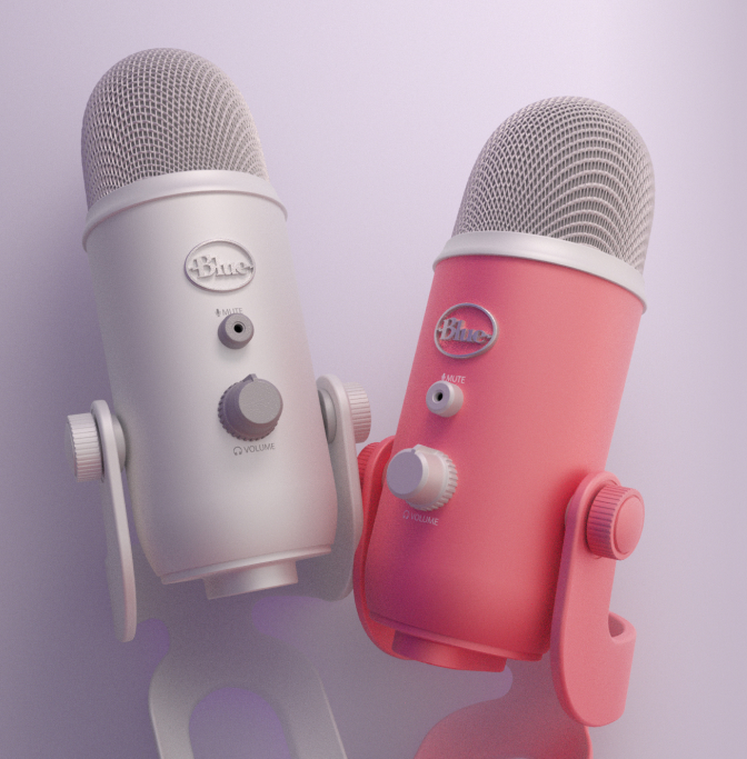 Due microfoni, uno bianco e uno rosa, su supporti. Logo blu su ciascuno. Controlli volume e mute.