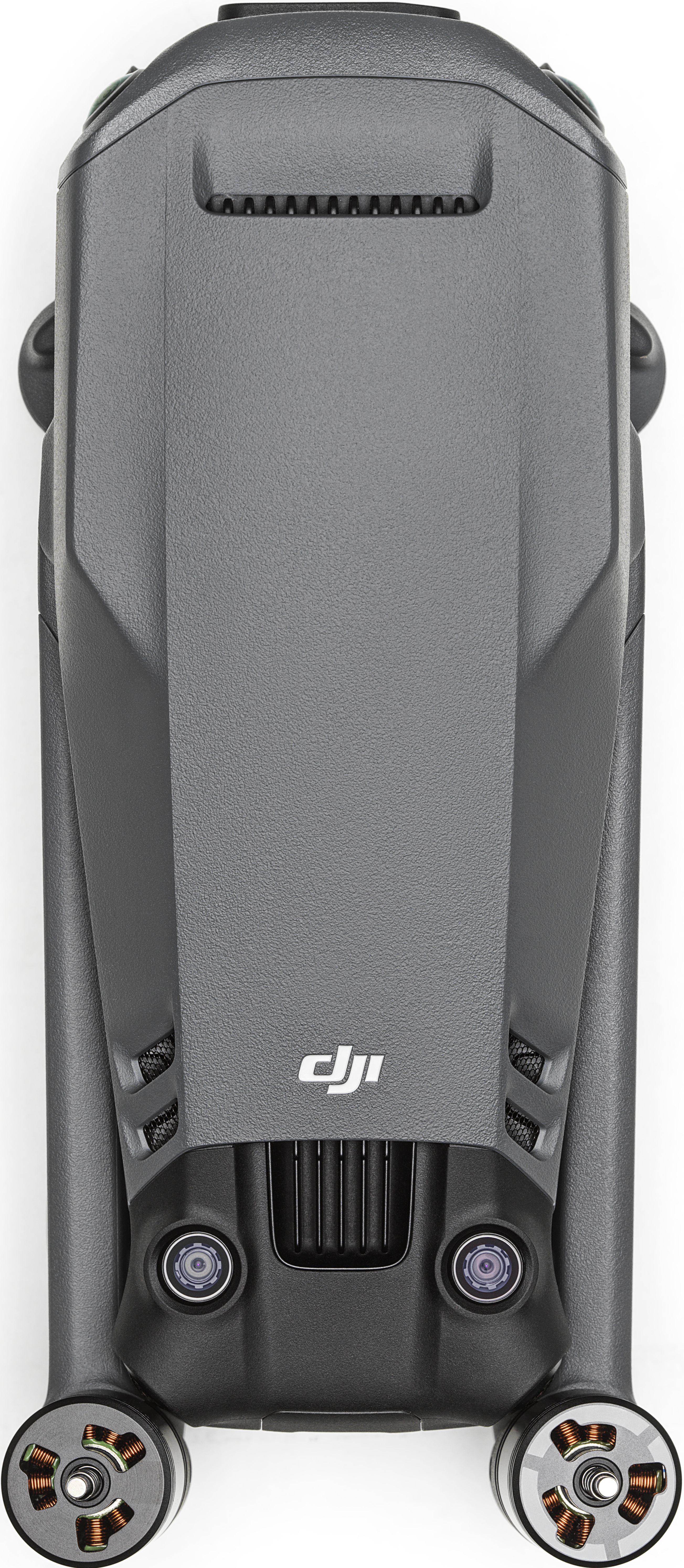 Eine graue DJI-Drohne, Draufsicht, zeigt ihren Körper, Propeller und das DJI-Logo.