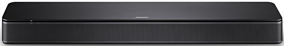 Een zwarte Bose soundbar met een mesh rooster aan de voorkant en de merknaam zichtbaar bovenop.