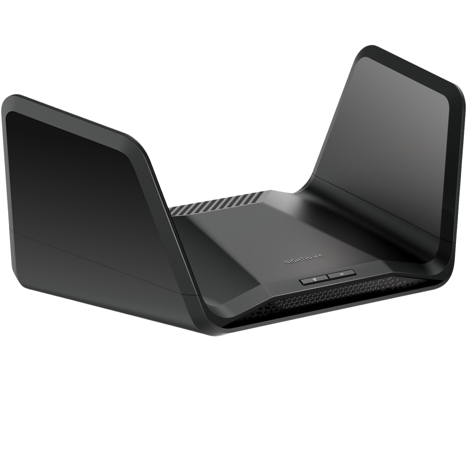 Routeur noir avec un design en forme d'ailes ouvertes. Le logo Nighthawk est visible.