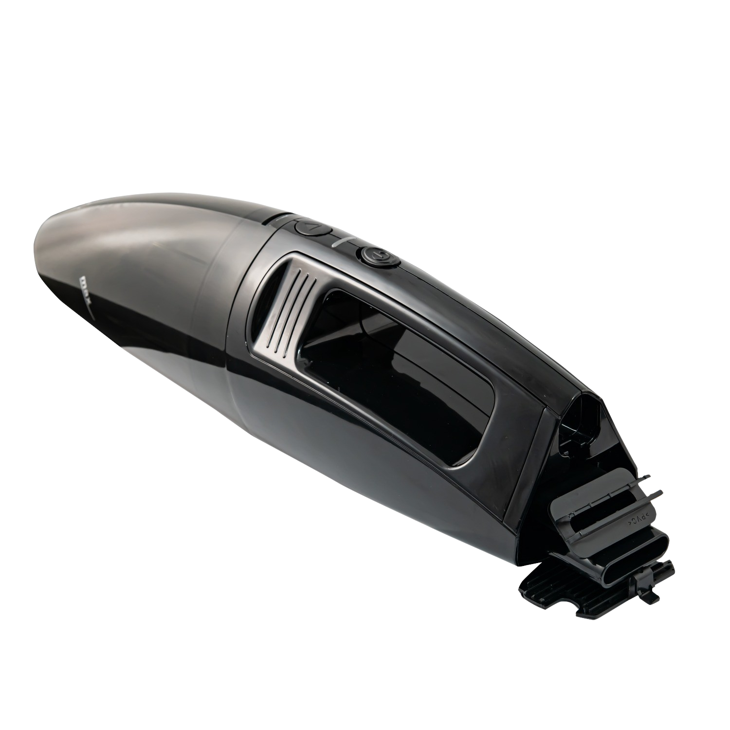 A black vacuum cleaner, angled, with a black background.