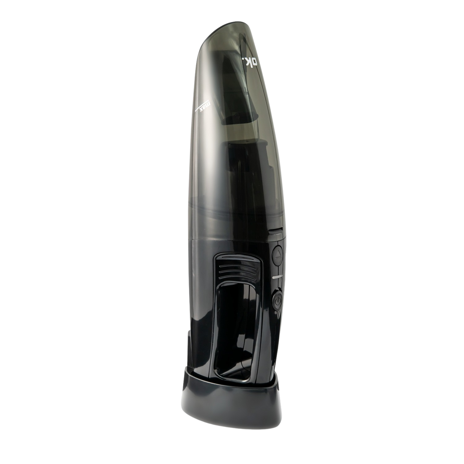 A black handheld vacuum cleaner, angled towards the viewer, with a clear dust container.