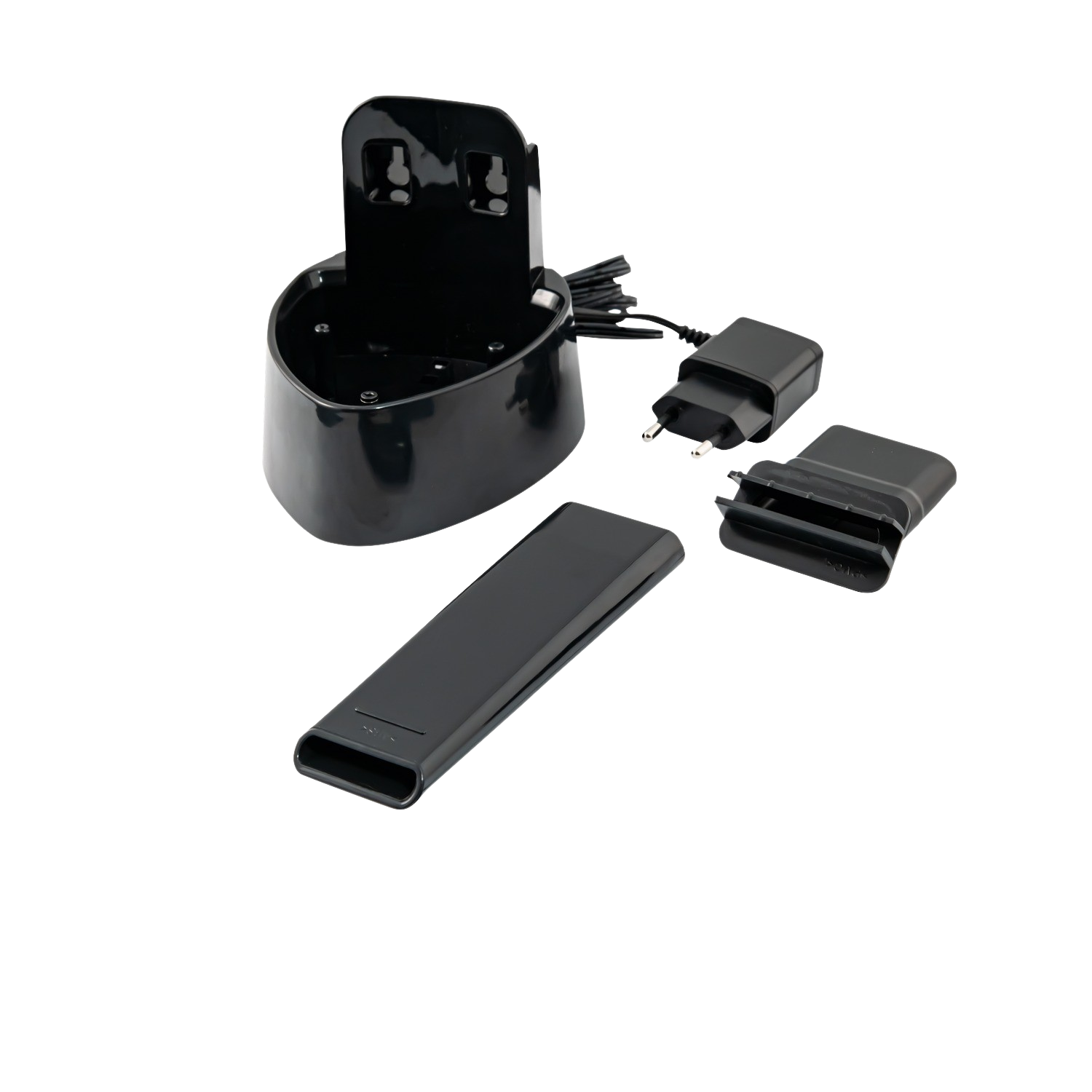 Black charging station with accessories. Includes charger and other parts.