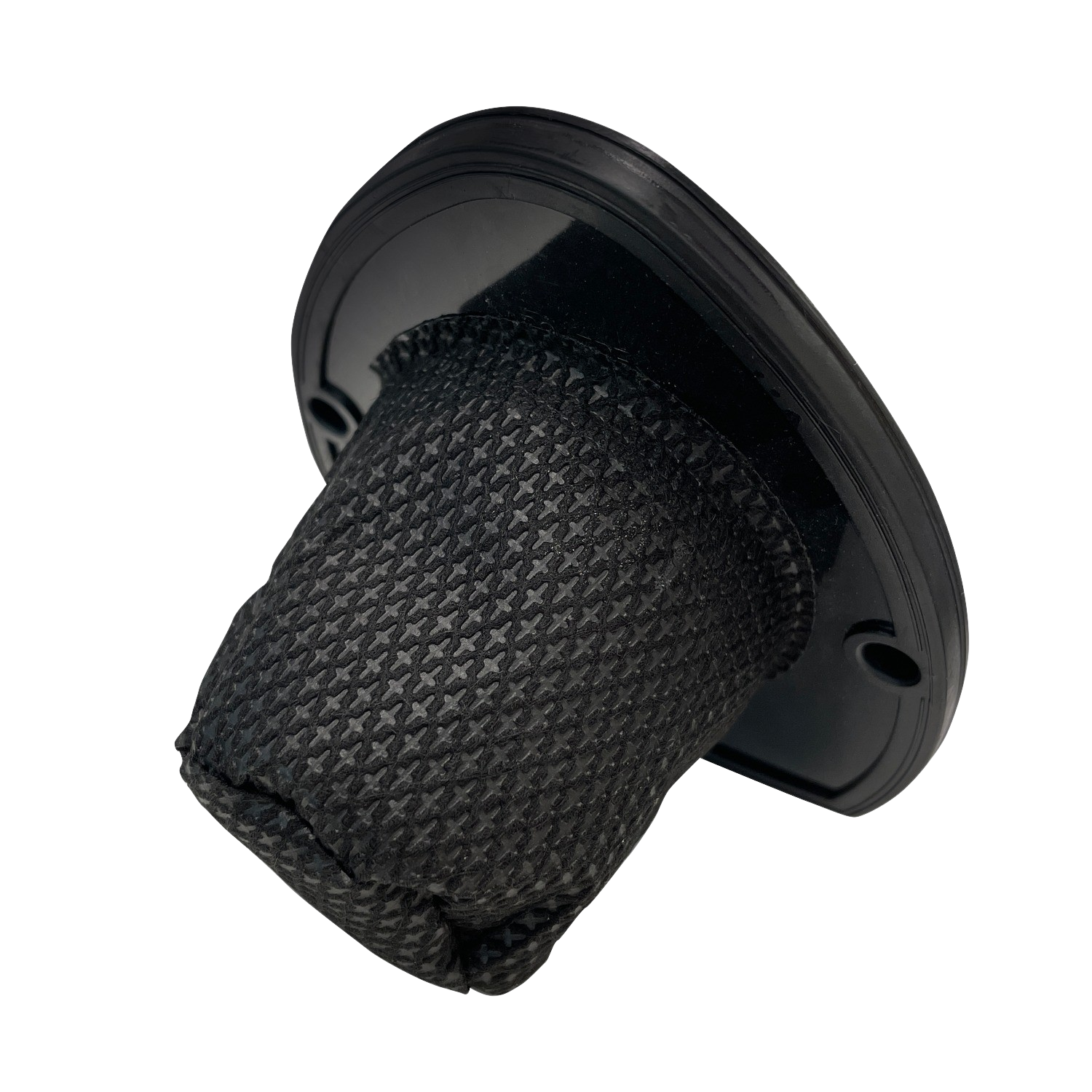 Black vacuum cleaner filter, inside a black plastic casing.