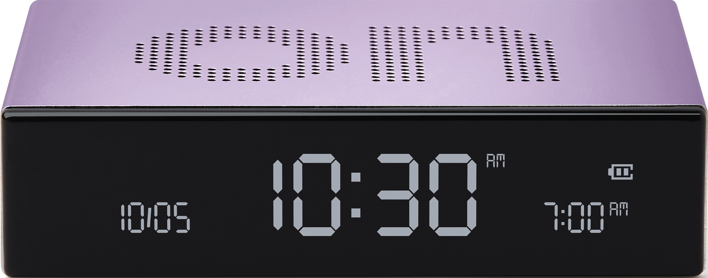 Sveglia digitale con parte superiore viola. Visualizza l'ora e ha un indicatore della batteria.