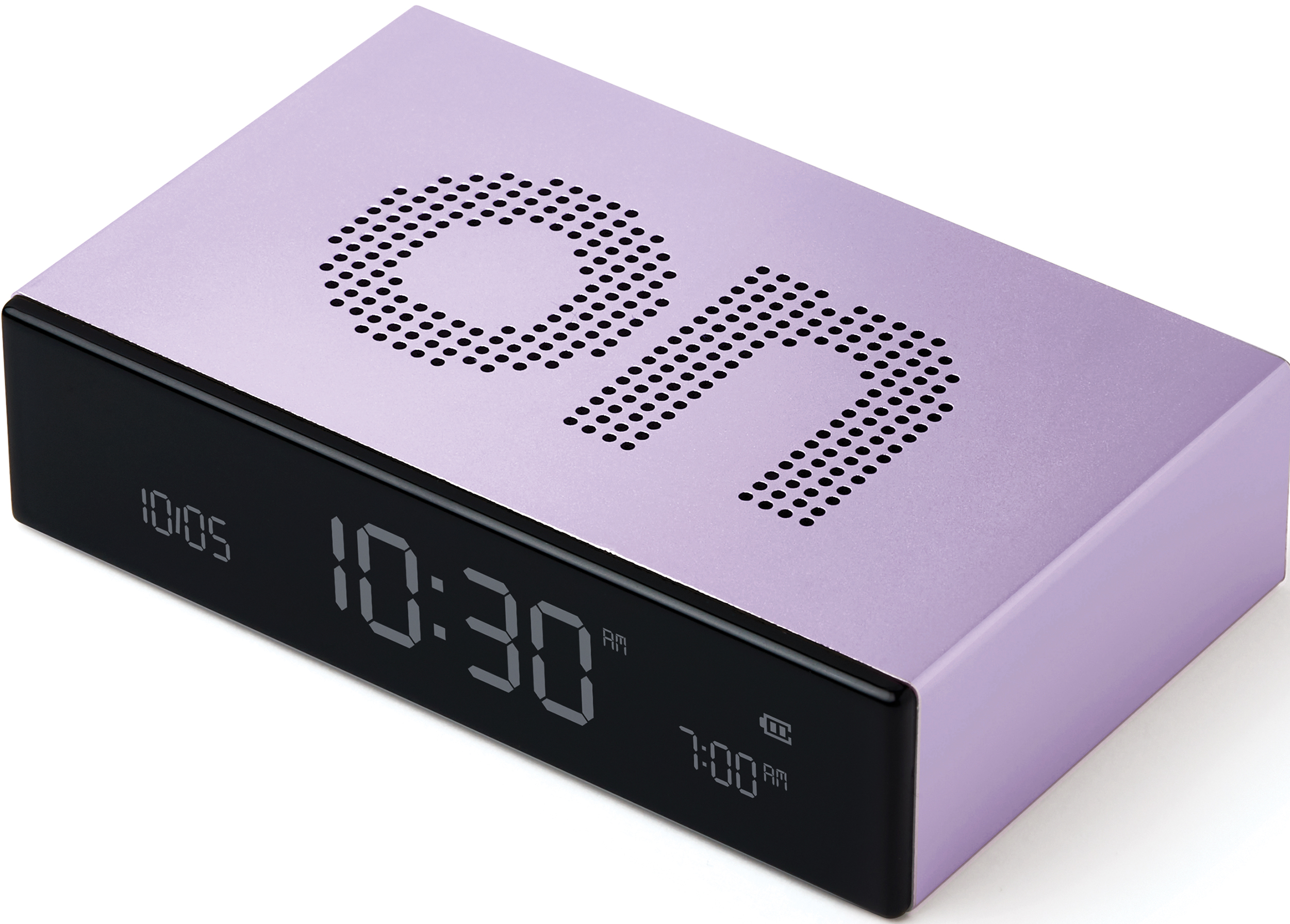 Radiosveglia viola con display nero che mostra l'ora. La parte superiore ha la parola "on" in un motivo a punti.