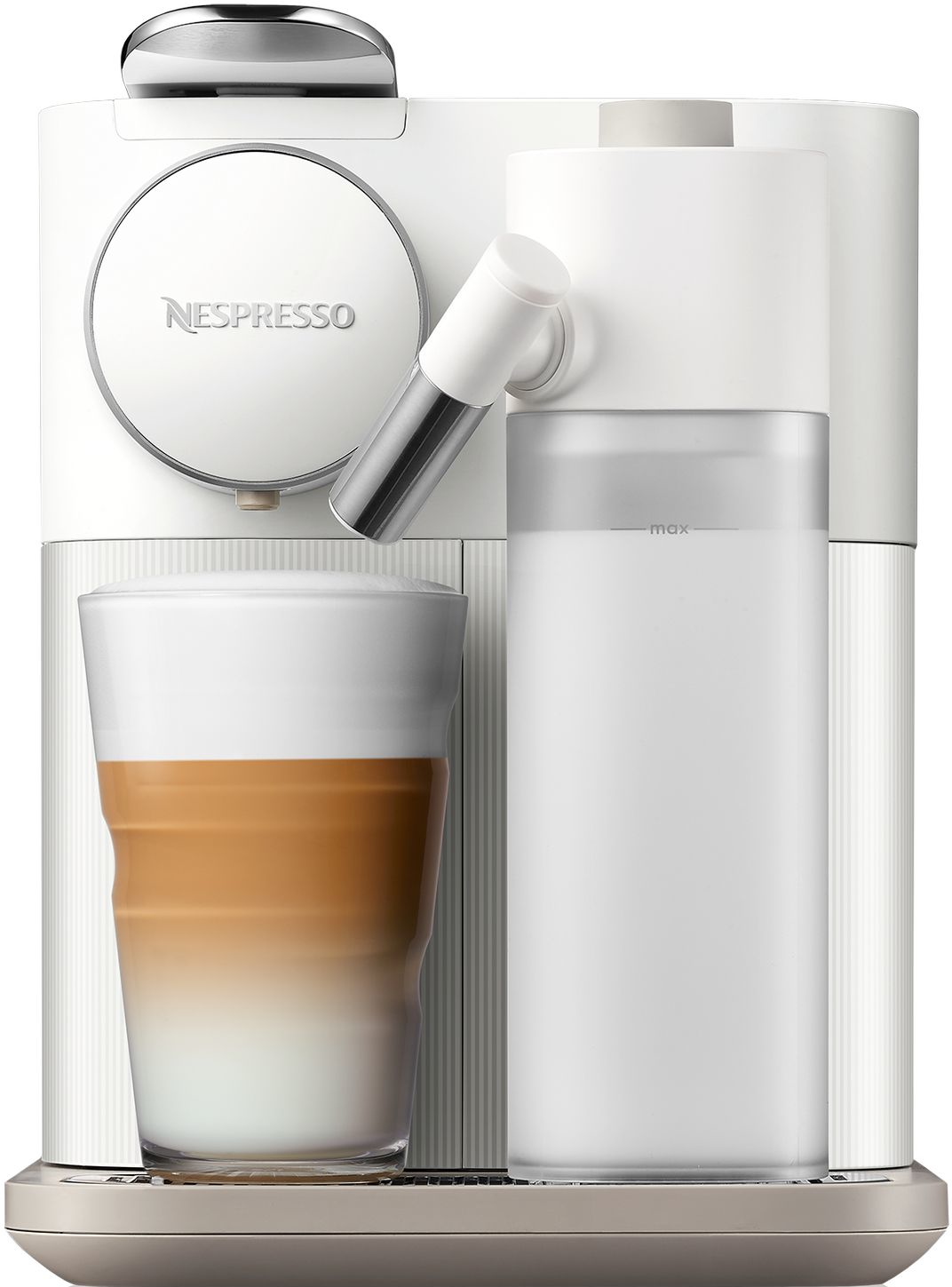 Machine Nespresso blanche avec un verre de latte.